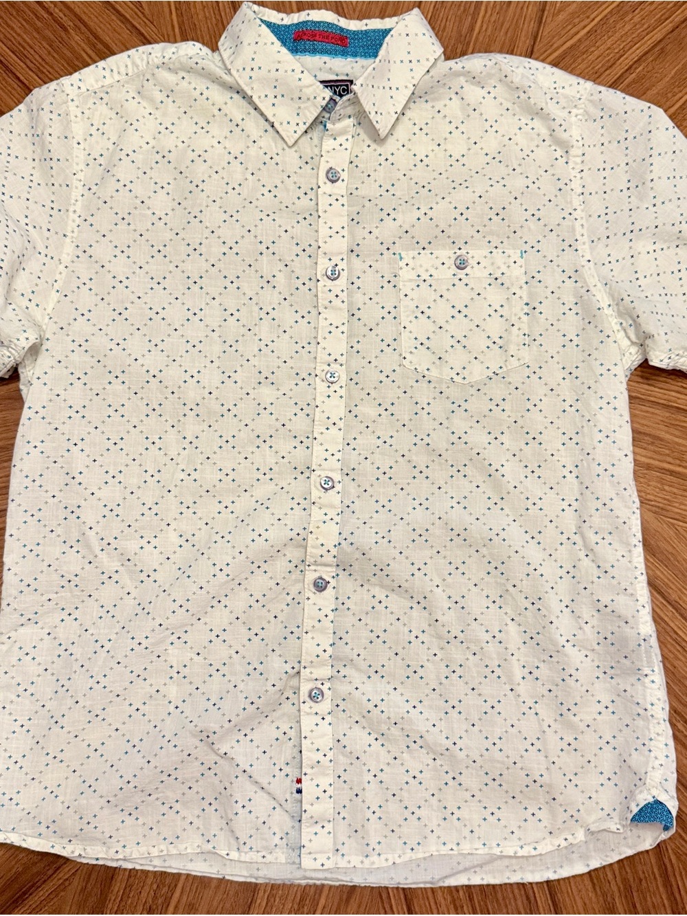 Short-Sleeve Casual Button-Down Shirt by NYC - Cream with Blue Dot Print